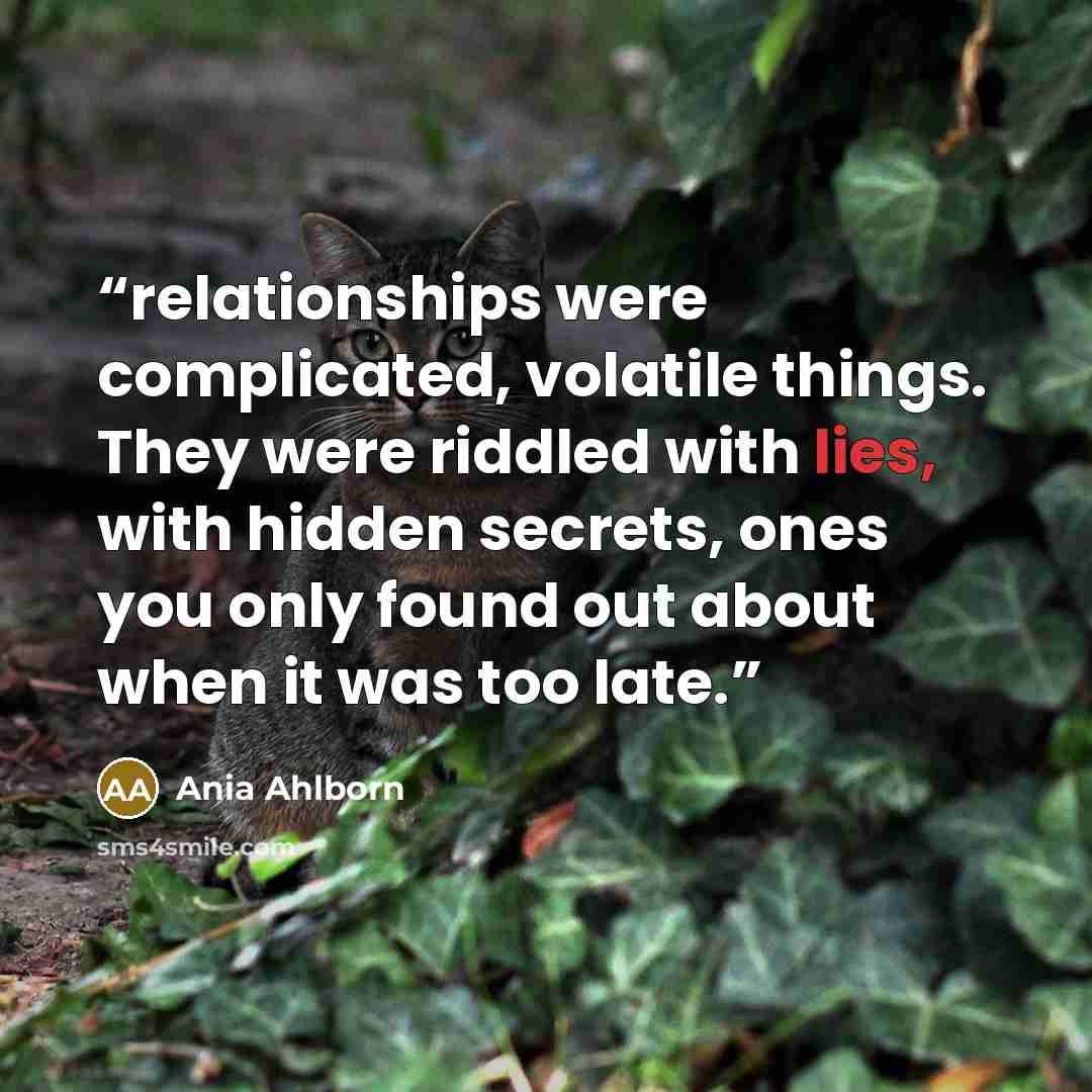 “relationships were complicated, volatile things. They were riddled with lies, with hidden secrets, ones you only found out about when it was too late.” quote by Ania Ahlborn