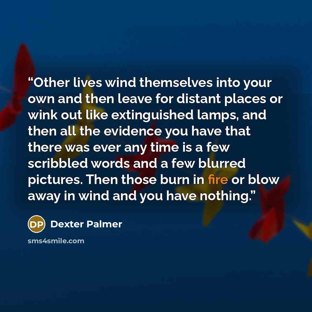 “Other lives wind themselves into your own and then leave for distant places or wink out like extinguished lamps, and then all the evidence you have that there was ever any time is a few scribbled words and a few blurred pictures. Then those burn in fire or blow away in wind and you have nothing.” quote by Dexter Palmer