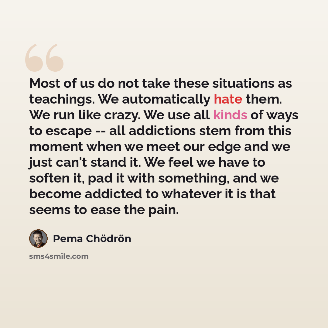 “Most of us do not take these situations as teachings. We automatically hate them. We run like crazy. We use all kinds of ways to escape -- all addictions stem from this moment when we meet our edge and we just can't stand it. We feel we have to soften it, pad it with something, and we become…” quote by Pema Chodron
