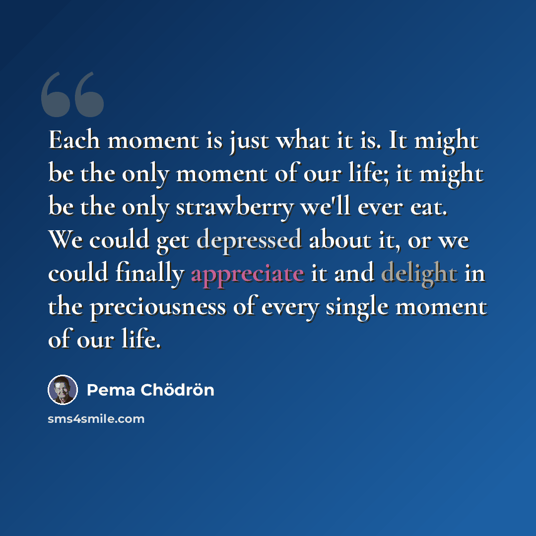 “Each moment is just what it is. It might be the only moment of our life; it might be the only strawberry we'll ever eat. We could get depressed about it, or we could finally appreciate it and delight in the preciousness of every single moment of our life.” quote by Pema Chodron