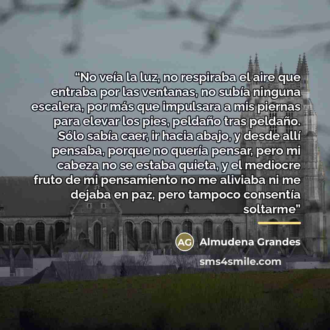 “No veía la luz, no respiraba el aire que entraba por las ventanas, no subía ninguna escalera, por más que impulsara a mis piernas para elevar los pies, peldaño tras peldaño. Sólo sabía caer, ir hacia abajo, y desde allí pensaba, porque no quería pensar, pero mi cabeza no se estaba quieta, y el…” quote by Almudena Grandes