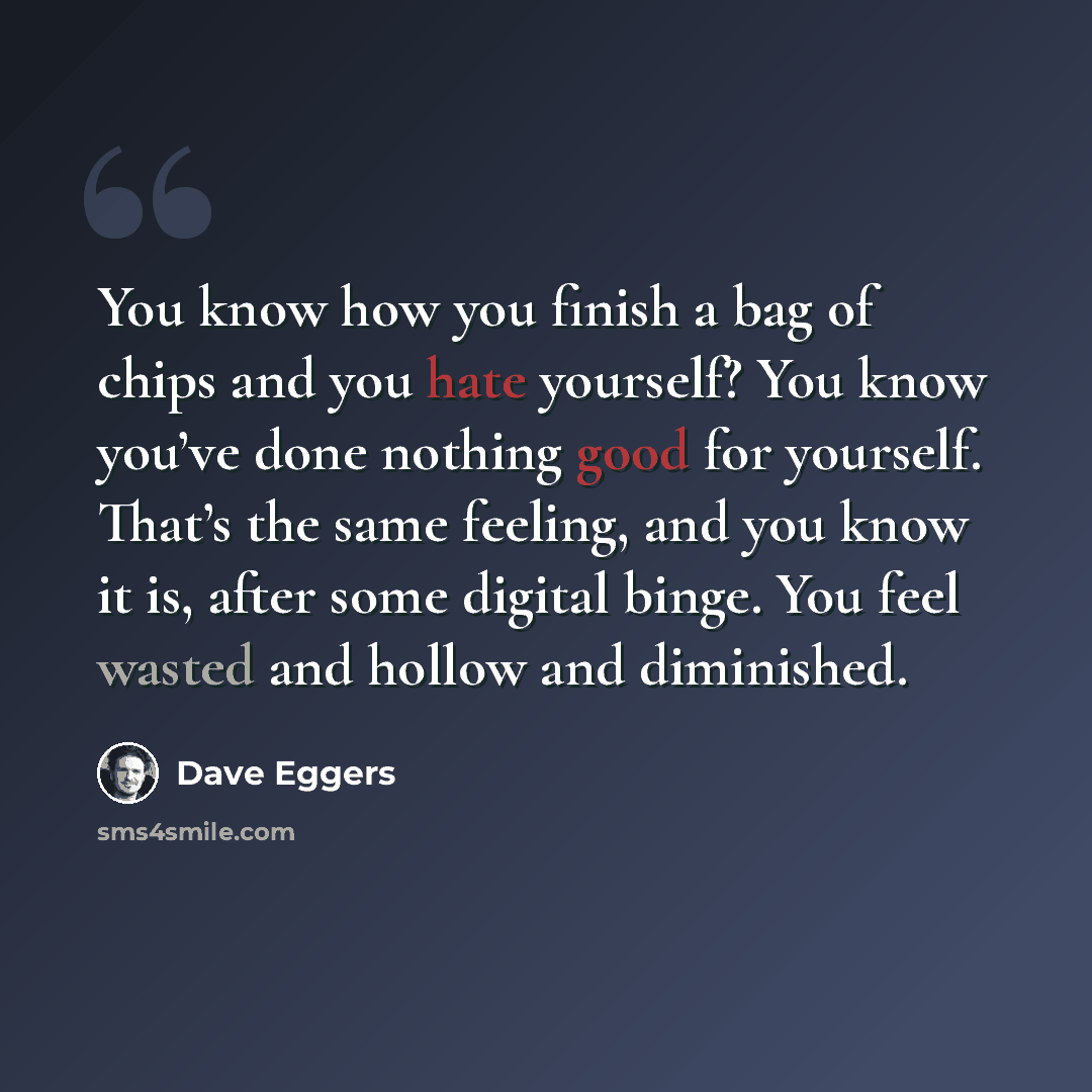 “You know how you finish a bag of chips and you hate yourself? You know you’ve done nothing good for yourself. That’s the same feeling, and you know it is, after some digital binge. You feel wasted and hollow and diminished.” quote by Dave Eggers