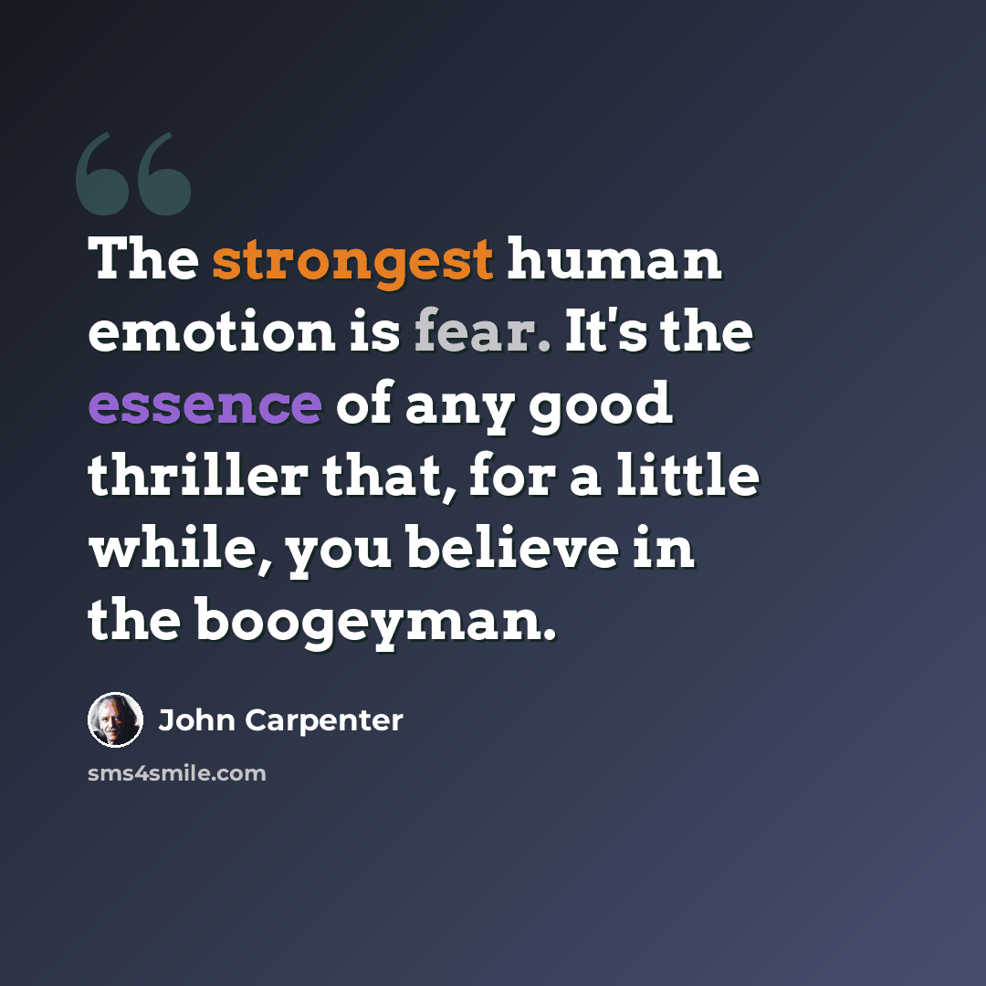 “The strongest human emotion is fear. It's the essence of any good thriller that, for a little while, you believe in the boogeyman.” quote by John Carpenter