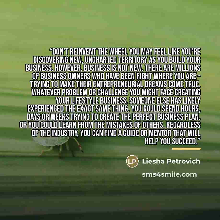 “Don’t Reinvent the Wheel You may feel like you’re discovering new, uncharted territory as you build your business. However, business is not new. There are millions of business owners who have been right where you are – trying to make their entrepreneurial dreams come true. Whatever problem or…” quote by Liesha Petrovich