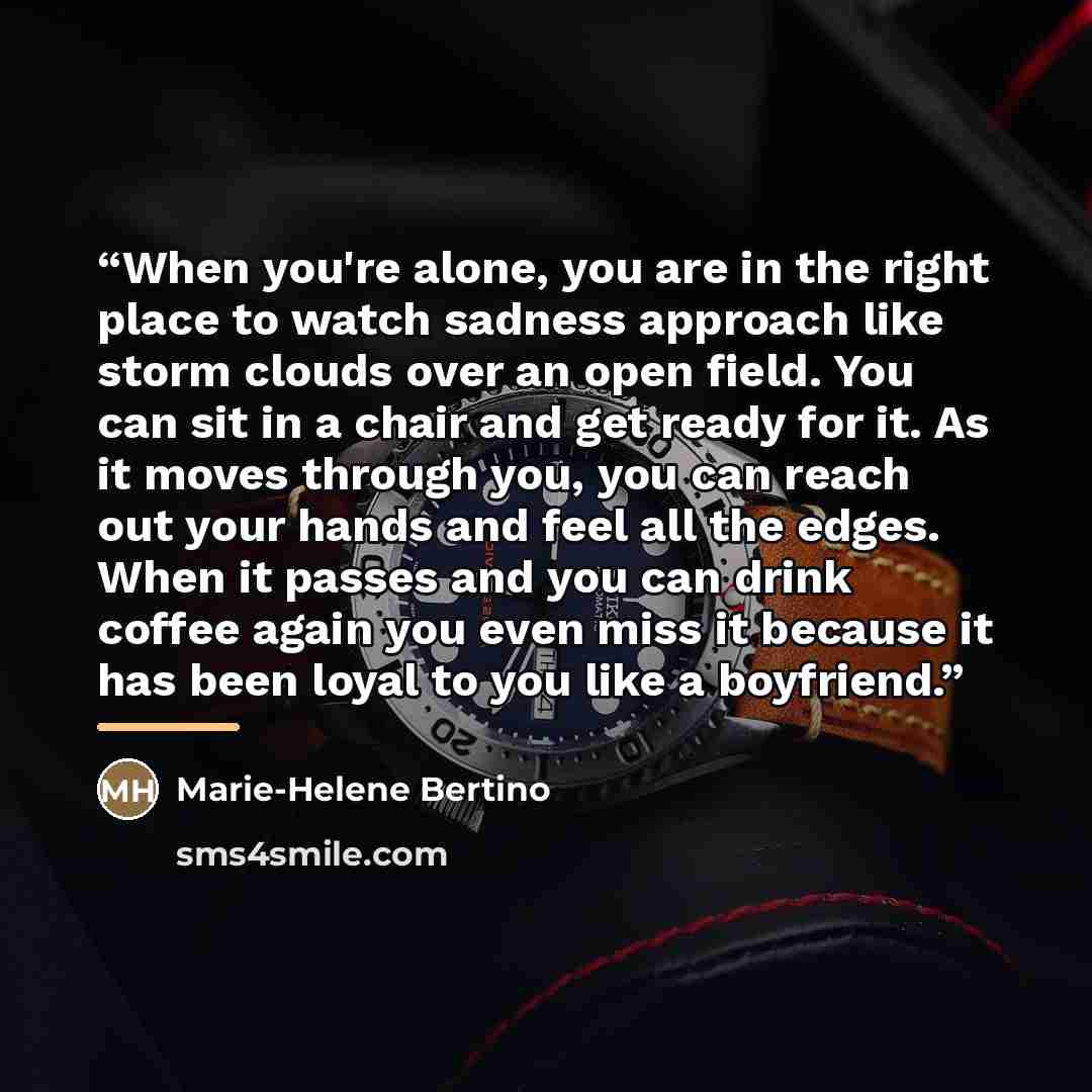 “When you're alone, you are in the right place to watch sadness approach like storm clouds over an open field. You can sit in a chair and get ready for it. As it moves through you, you can reach out your hands and feel all the edges. When it passes and you can drink coffee again you even miss it…” quote by Marie-Helene Bertino