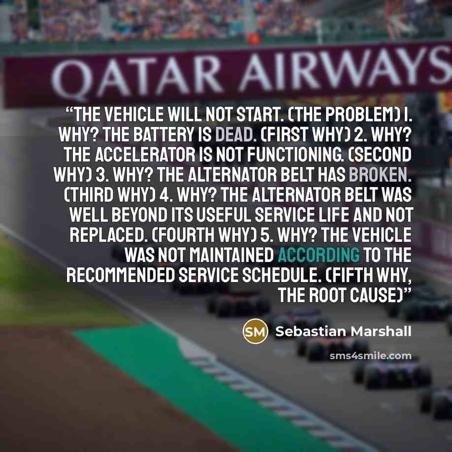 “The vehicle will not start. (the problem) 1. Why? The battery is dead. (first why) 2. Why? The accelerator is not functioning. (second why) 3. Why? The alternator belt has broken. (third why) 4. Why? The alternator belt was well beyond its useful service life and not replaced. (fourth why) 5. Why?…” quote by Sebastian Marshall