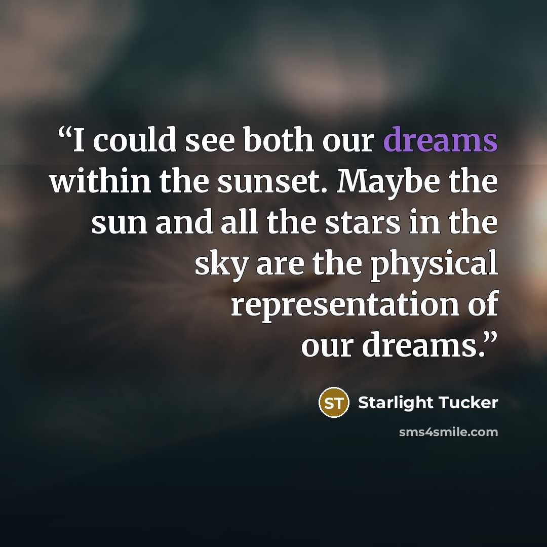 “I could see both our dreams within the sunset. Maybe the sun and all the stars in the sky are the physical representation of our dreams.” quote by Starlight Tucker