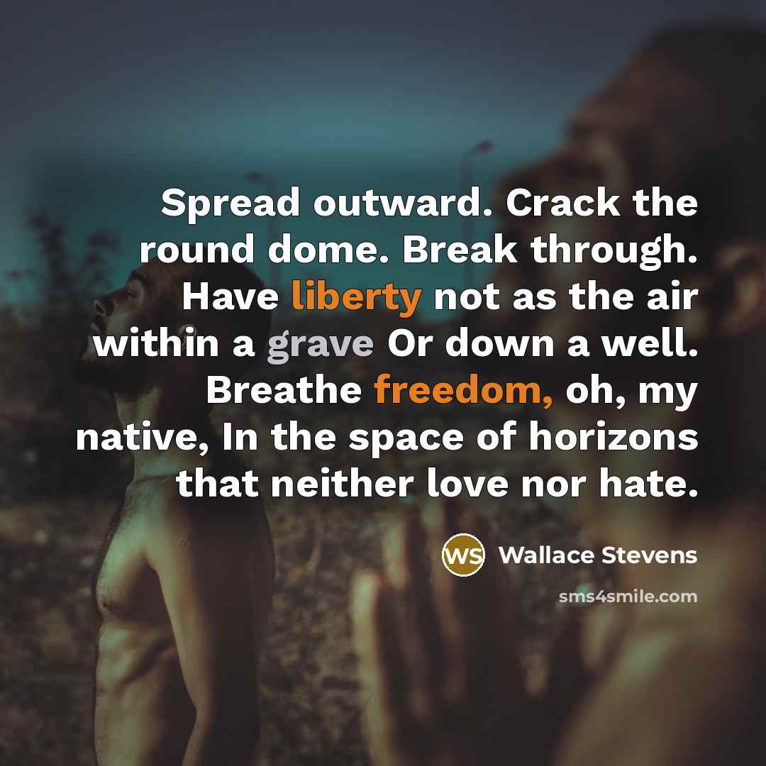 “Spread outward. Crack the round dome. Break through. Have liberty not as the air within a grave Or down a well. Breathe freedom, oh, my native, In the space of horizons that neither love nor hate.” quote by Wallace Stevens