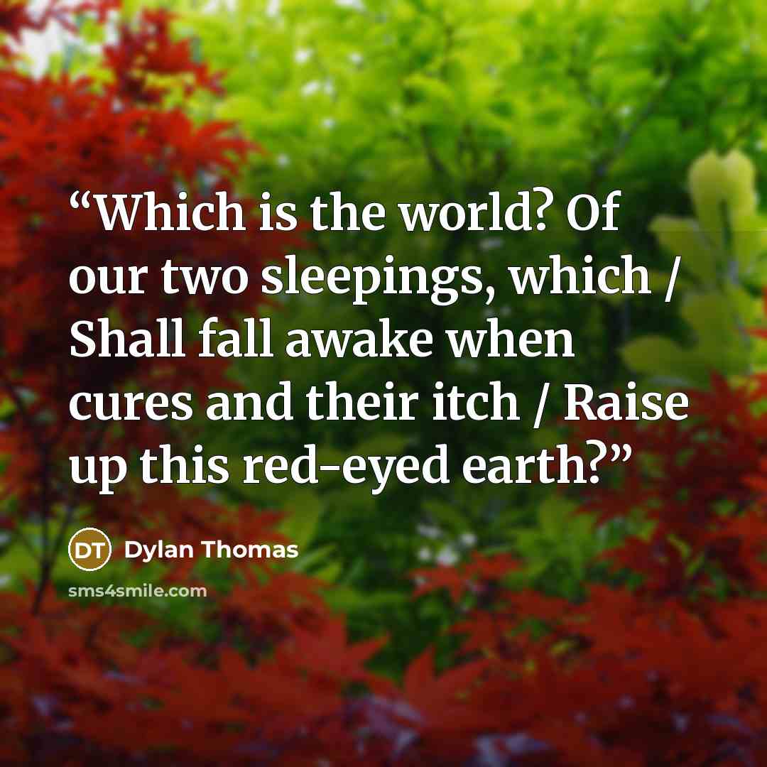 “Which is the world? Of our two sleepings, which / Shall fall awake when cures and their itch / Raise up this red-eyed earth?” quote by Dylan Thomas
