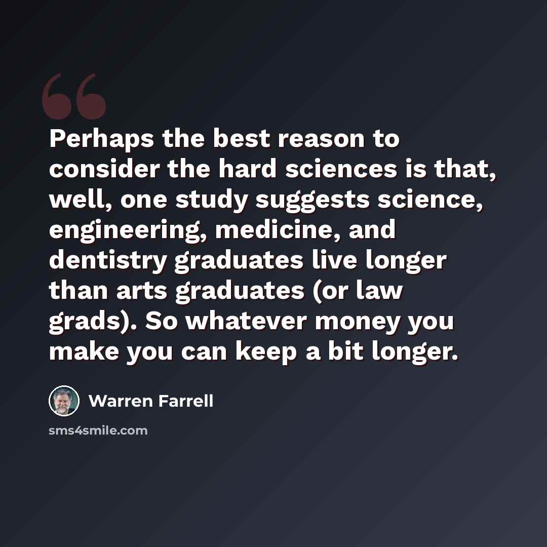 “Perhaps the best reason to consider the hard sciences is that, well, one study suggests science, engineering, medicine, and dentistry graduates live longer than arts graduates (or law grads). So whatever money you make you can keep a bit longer.” quote by Warren Farrell