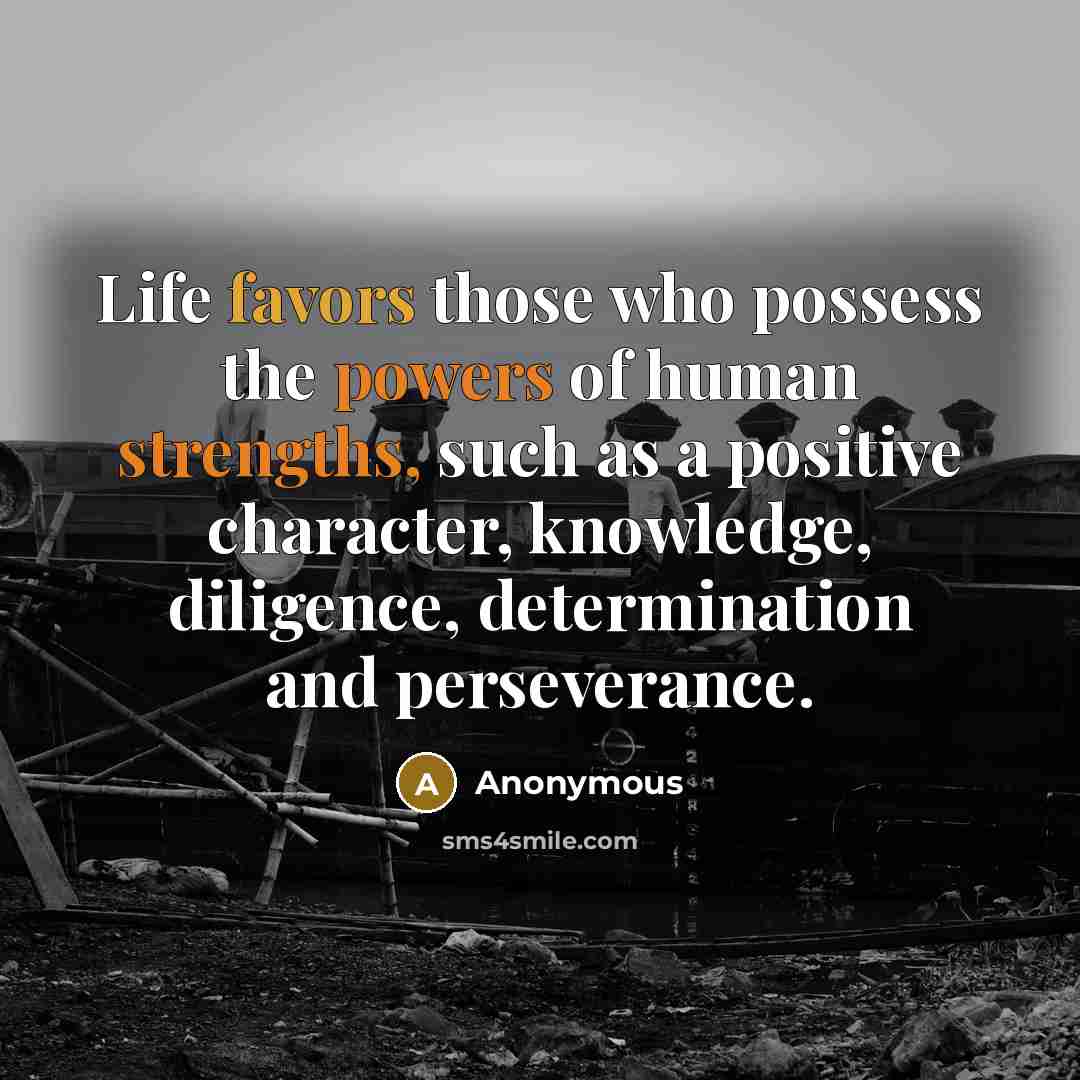 “Life favors those who possess the powers of human strengths, such as a positive character, knowledge, diligence, determination and perseverance.” quote by Anonymous