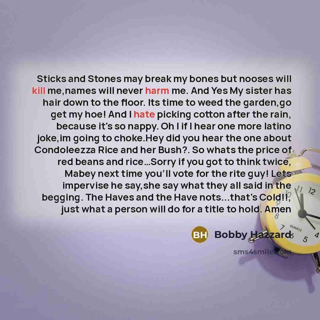“Sticks and Stones may break my bones but nooses will kill me,names will never harm me. And Yes My sister has hair down to the floor. Its time to weed the garden,go get my hoe! And I hate picking cotton after the rain, because it's so nappy. Oh I if I hear one more latino joke,im going to choke.Hey…” quote by Bobby Hazzard