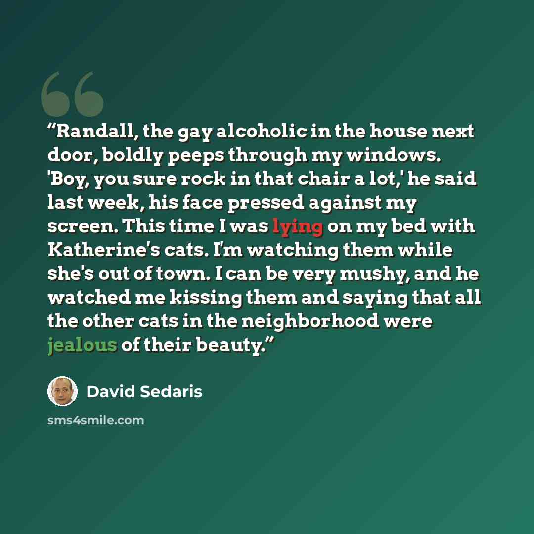 “Randall, the gay alcoholic in the house next door, boldly peeps through my windows. 'Boy, you sure rock in that chair a lot,' he said last week, his face pressed against my screen. This time I was lying on my bed with Katherine's cats. I'm watching them while she's out of town. I can be very…” quote by David Sedaris