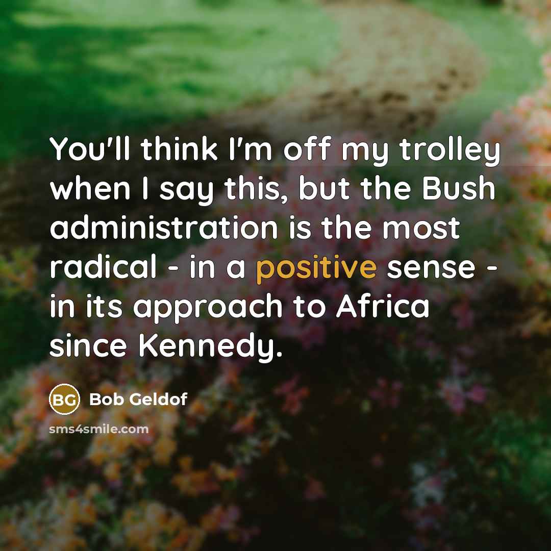 “You'll think I'm off my trolley when I say this, but the Bush administration is the most radical - in a positive sense - in its approach to Africa since Kennedy.” quote by Bob Geldof