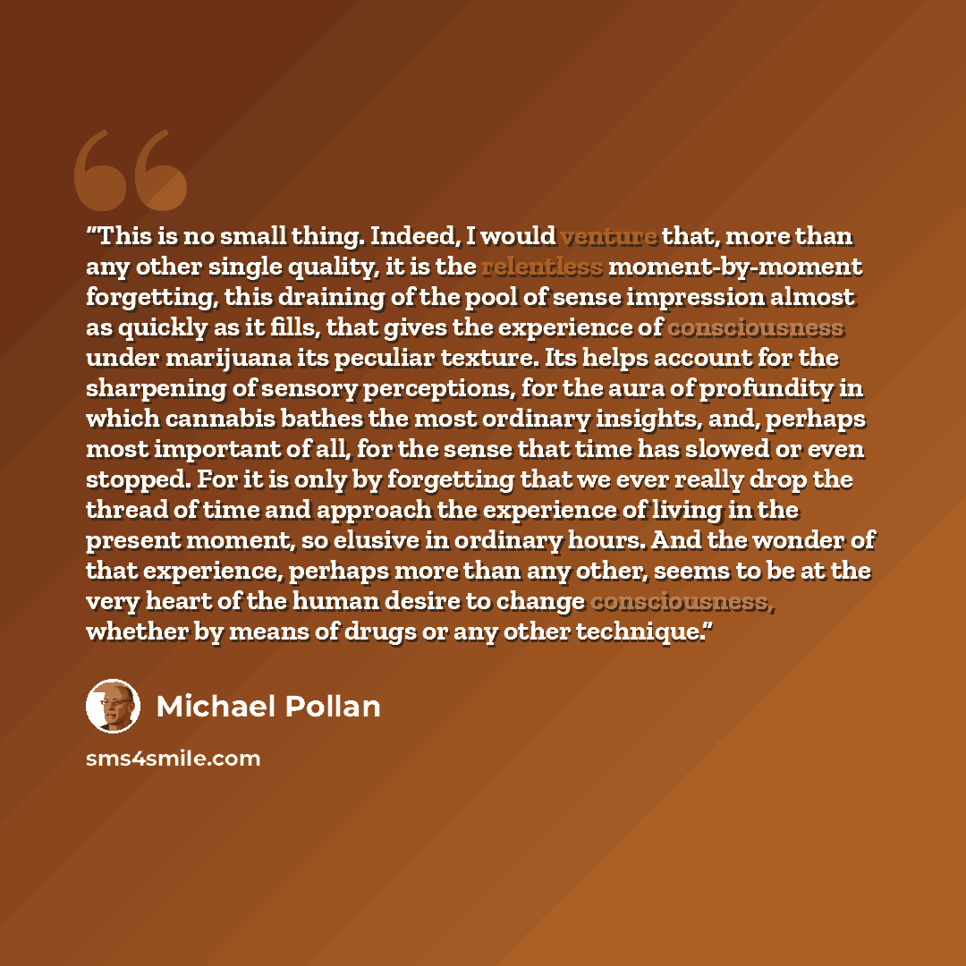“This is no small thing. Indeed, I would venture that, more than any other single quality, it is the relentless moment-by-moment forgetting, this draining of the pool of sense impression almost as quickly as it fills, that gives the experience of consciousness under marijuana its peculiar texture…” quote by Michael Pollan