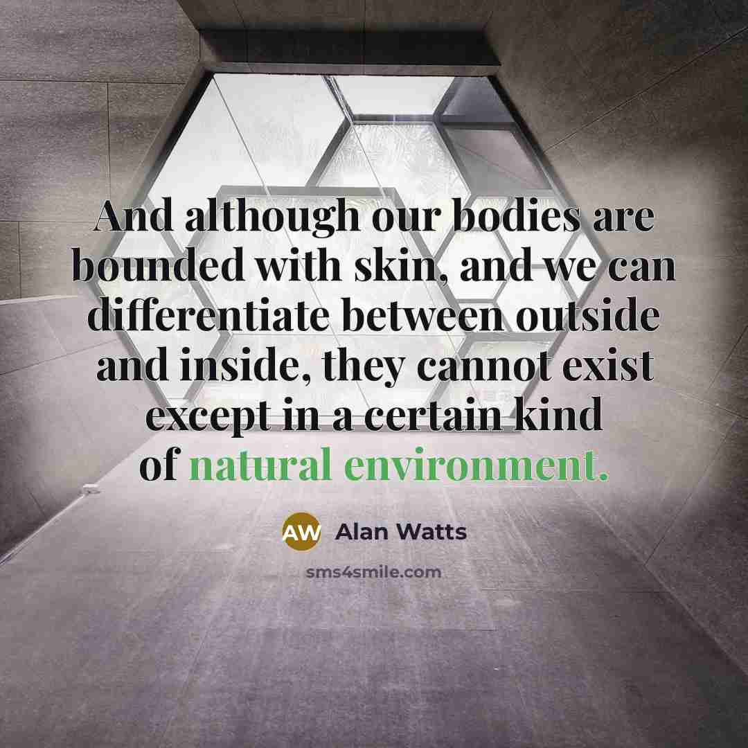 “And although our bodies are bounded with skin, and we can differentiate between outside and inside, they cannot exist except in a certain kind of natural environment.” quote by Alan Watts