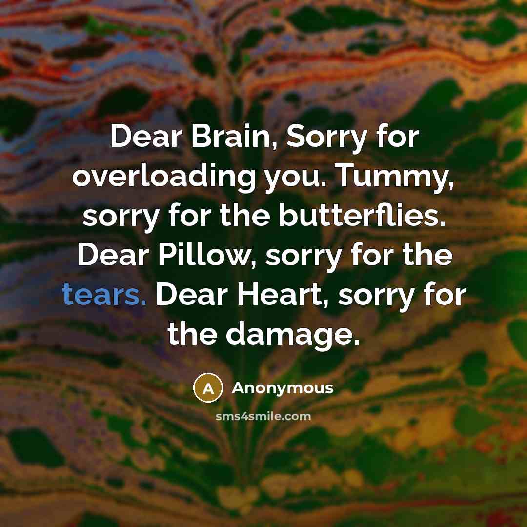 “Dear Brain, Sorry for overloading you. Tummy, sorry for the butterflies. Dear Pillow, sorry for the tears. Dear Heart, sorry for the damage.” quote by Anonymous