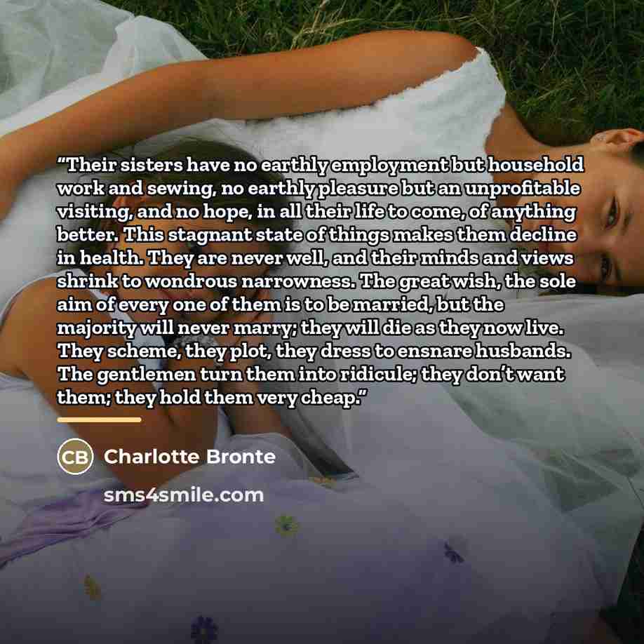 “Their sisters have no earthly employment but household work and sewing, no earthly pleasure but an unprofitable visiting, and no hope, in all their life to come, of anything better. This stagnant state of things makes them decline in health. They are never well, and their minds and views shrink to…” quote by Charlotte Brontë