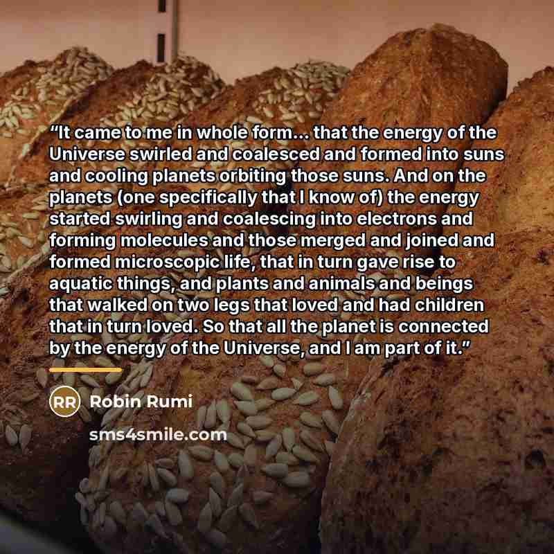 “It came to me in whole form… that the energy of the Universe swirled and coalesced and formed into suns and cooling planets orbiting those suns. And on the planets (one specifically that I know of) the energy started swirling and coalescing into electrons and forming molecules and those merged and…” quote by Robin Rumi