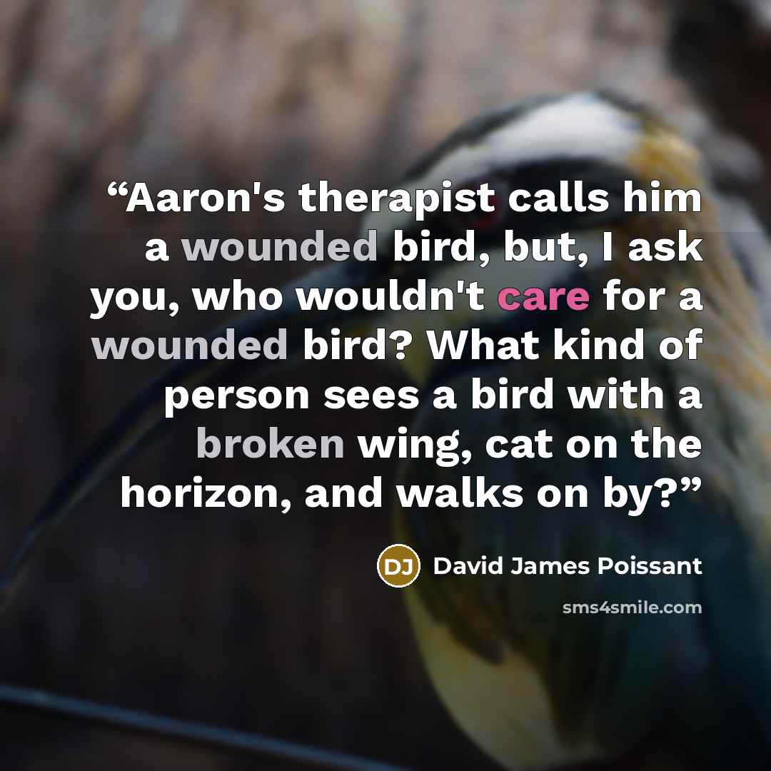“Aaron's therapist calls him a wounded bird, but, I ask you, who wouldn't care for a wounded bird? What kind of person sees a bird with a broken wing, cat on the horizon, and walks on by?” quote by David James Poissant