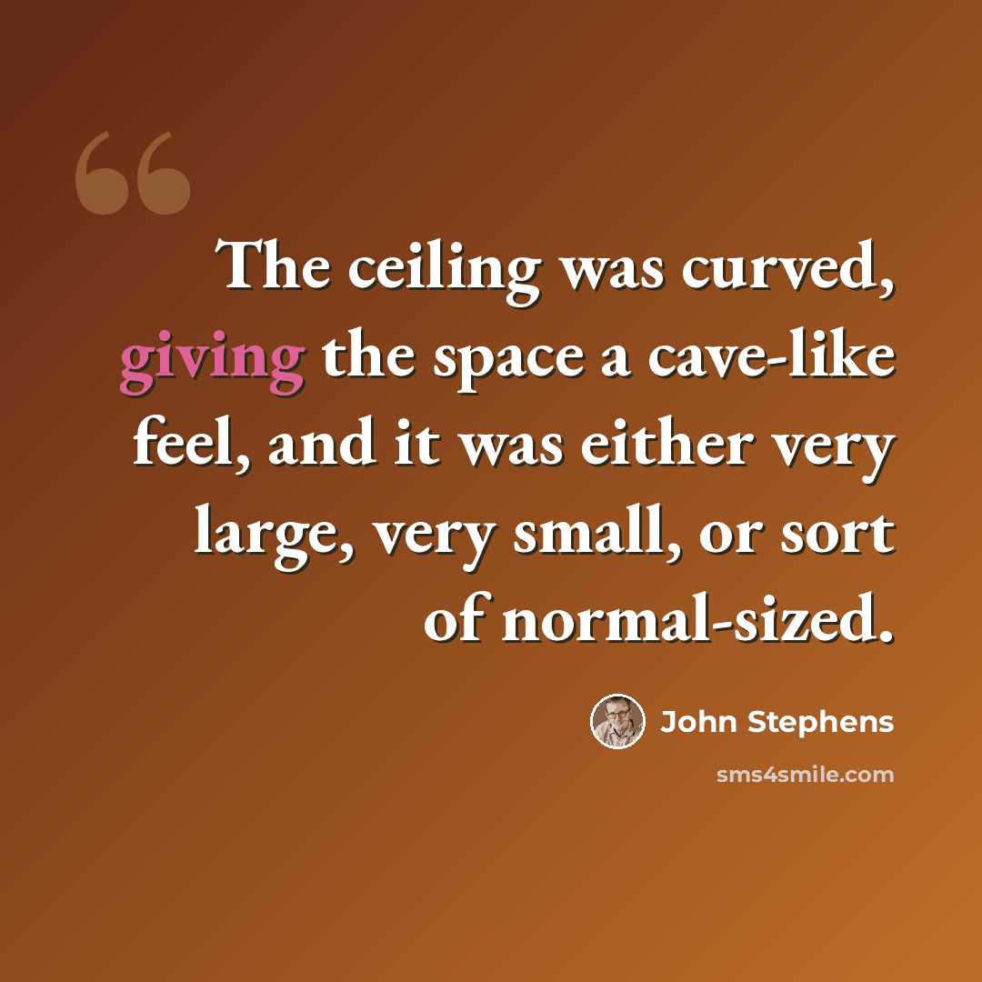 “The ceiling was curved, giving the space a cave-like feel, and it was either very large, very small, or sort of normal-sized.” quote by John Stephens