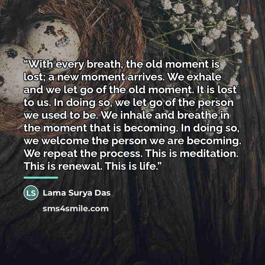 “With every breath, the old moment is lost; a new moment arrives. We exhale and we let go of the old moment. It is lost to us. In doing so, we let go of the person we used to be. We inhale and breathe in the moment that is becoming. In doing so, we welcome the person we are becoming. We repeat the…” quote by Lama Surya Das