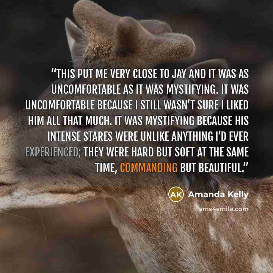 “This put me very close to Jay and it was as uncomfortable as it was mystifying. It was uncomfortable because I still wasn’t sure I liked him all that much. It was mystifying because his intense stares were unlike anything I’d ever experienced; they were hard but soft at the same time, commanding…” quote by Amanda Kelly