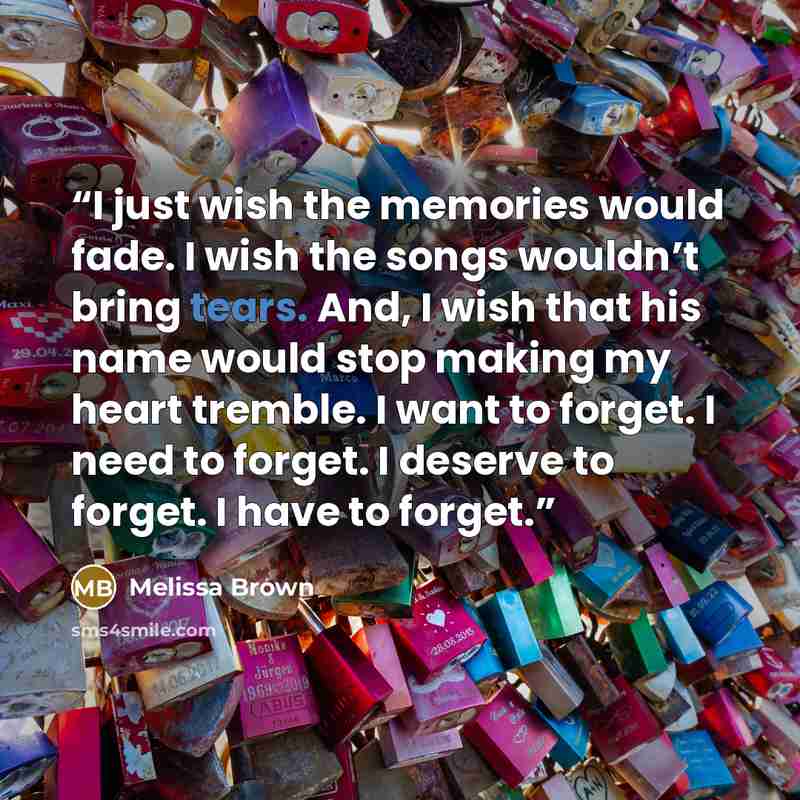 “I just wish the memories would fade. I wish the songs wouldn’t bring tears. And, I wish that his name would stop making my heart tremble. I want to forget. I need to forget. I deserve to forget. I have to forget.” quote by Melissa Brown