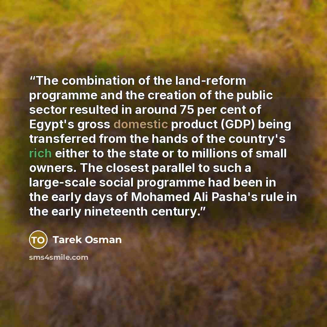 “The combination of the land-reform programme and the creation of the public sector resulted in around 75 per cent of Egypt's gross domestic product (GDP) being transferred from the hands of the country's rich either to the state or to millions of small owners. The closest parallel to such a…” quote by Tarek Osman