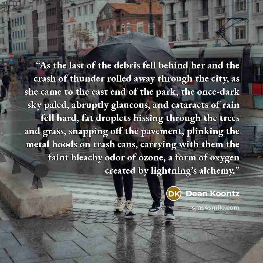 “As the last of the debris fell behind her and the crash of thunder rolled away through the city, as she came to the east end of the park, the once-dark sky paled, abruptly glaucous, and cataracts of rain fell hard, fat droplets hissing through the trees and grass, snapping off the pavement…” quote by Dean Koontz