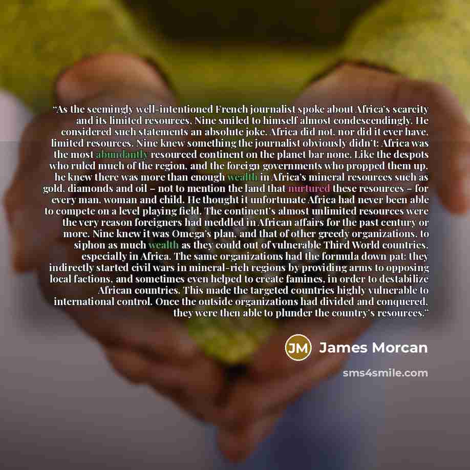 “As the seemingly well-intentioned French journalist spoke about Africa’s scarcity and its limited resources, Nine smiled to himself almost condescendingly. He considered such statements an absolute joke. Africa did not, nor did it ever have, limited resources. Nine knew something the journalist…” quote by James Morcan