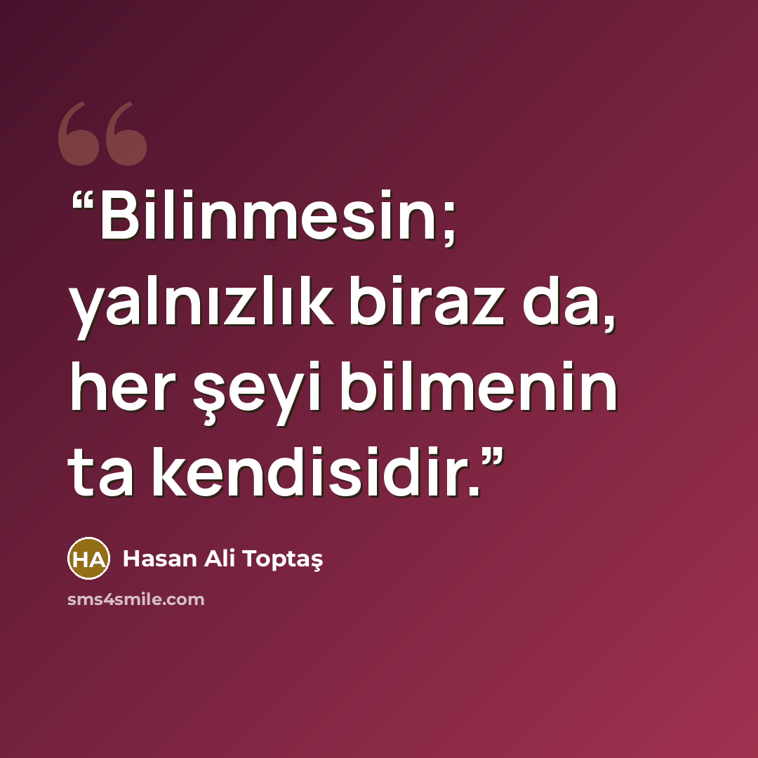 “Bilinmesin; yalnızlık biraz da, her şeyi bilmenin ta kendisidir.” quote by Hasan Ali Toptaş