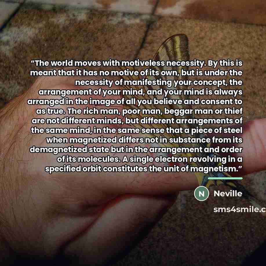 “The world moves with motiveless necessity. By this is meant that it has no motive of its own, but is under the necessity of manifesting your concept, the arrangement of your mind, and your mind is always arranged in the image of all you believe and consent to as true. The rich man, poor man…” quote by Neville