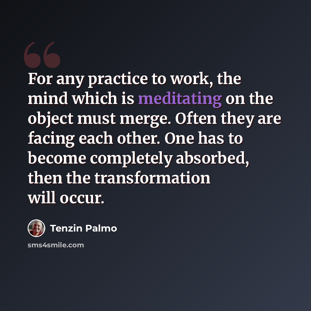 “For any practice to work, the mind which is meditating on the object must merge. Often they are facing each other. One has to become completely absorbed, then the transformation will occur.” quote by Tenzin Palmo