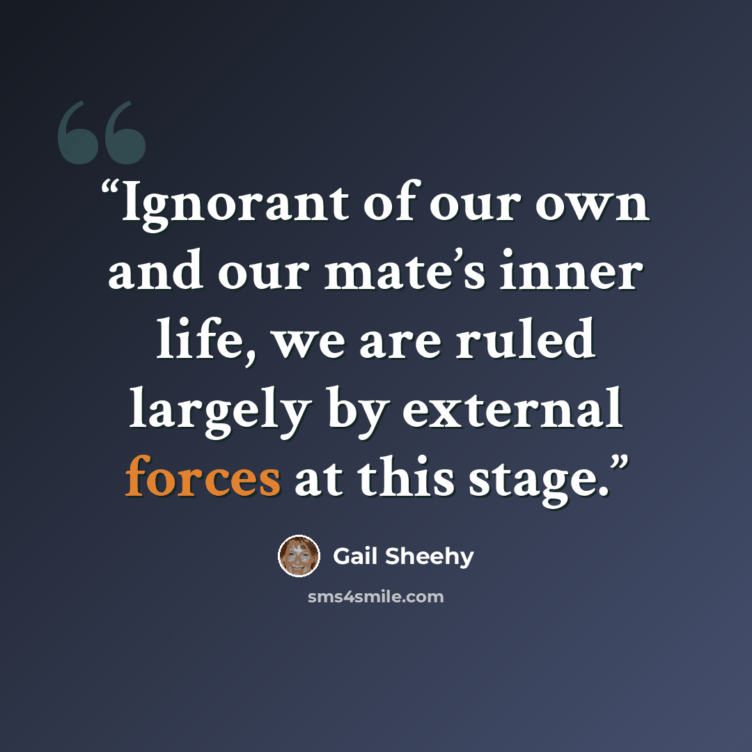 “Ignorant of our own and our mate’s inner life, we are ruled largely by external forces at this stage.” quote by Gail Sheehy