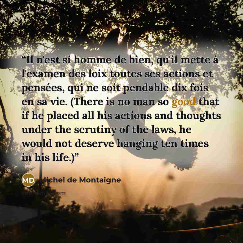 “Il n'est si homme de bien, qu'il mette à l'examen des loix toutes ses actions et pensées, qui ne soit pendable dix fois en sa vie. (There is no man so good that if he placed all his actions and thoughts under the scrutiny of the laws, he would not deserve hanging ten times in his life.)” quote by Michel de Montaigne
