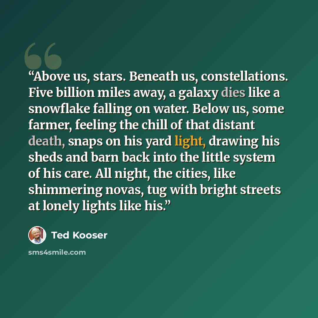 “Above us, stars. Beneath us, constellations. Five billion miles away, a galaxy dies like a snowflake falling on water. Below us, some farmer, feeling the chill of that distant death, snaps on his yard light, drawing his sheds and barn back into the little system of his care. All night, the cities…” quote by Ted Kooser