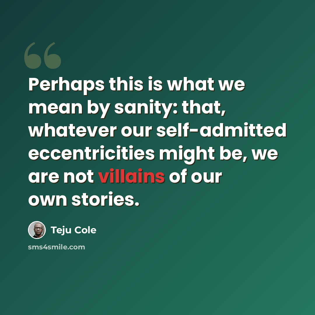 “Perhaps this is what we mean by sanity: that, whatever our self-admitted eccentricities might be, we are not villains of our own stories.” quote by Teju Cole
