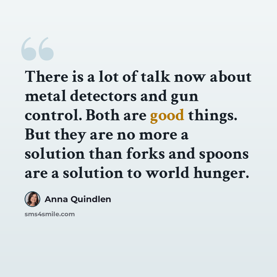 “There is a lot of talk now about metal detectors and gun control. Both are good things. But they are no more a solution than forks and spoons are a solution to world hunger.” quote by Anna Quindlen