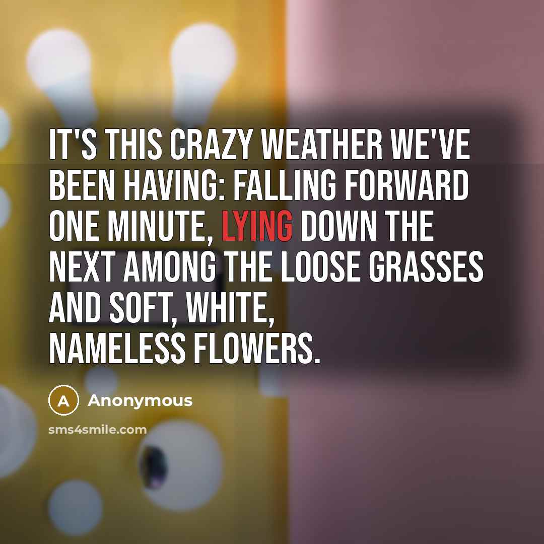 “It's this crazy weather we've been having: Falling forward one minute, lying down the next Among the loose grasses and soft, white, nameless flowers.” quote by Anonymous