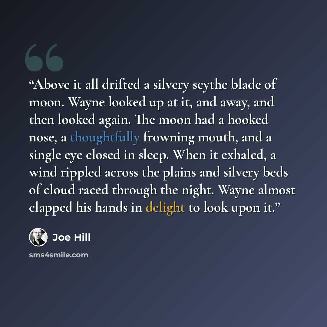 “Above it all drifted a silvery scythe blade of moon. Wayne looked up at it, and away, and then looked again. The moon had a hooked nose, a thoughtfully frowning mouth, and a single eye closed in sleep. When it exhaled, a wind rippled across the plains and silvery beds of cloud raced through the…” quote by Joe Hill