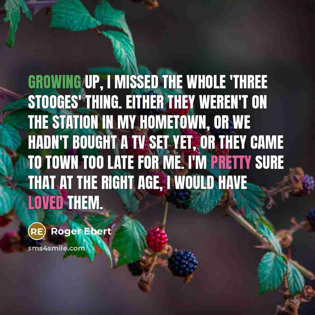 “Growing up, I missed the whole 'Three Stooges' thing. Either they weren't on the station in my hometown, or we hadn't bought a TV set yet, or they came to town too late for me. I'm pretty sure that at the right age, I would have loved them.” quote by Roger Ebert