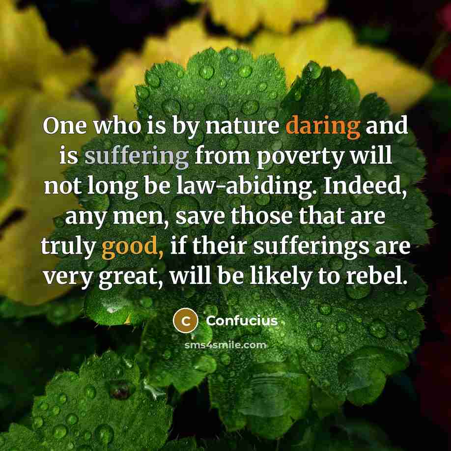 “One who is by nature daring and is suffering from poverty will not long be law-abiding. Indeed, any men, save those that are truly good, if their sufferings are very great, will be likely to rebel.” quote by Confucius