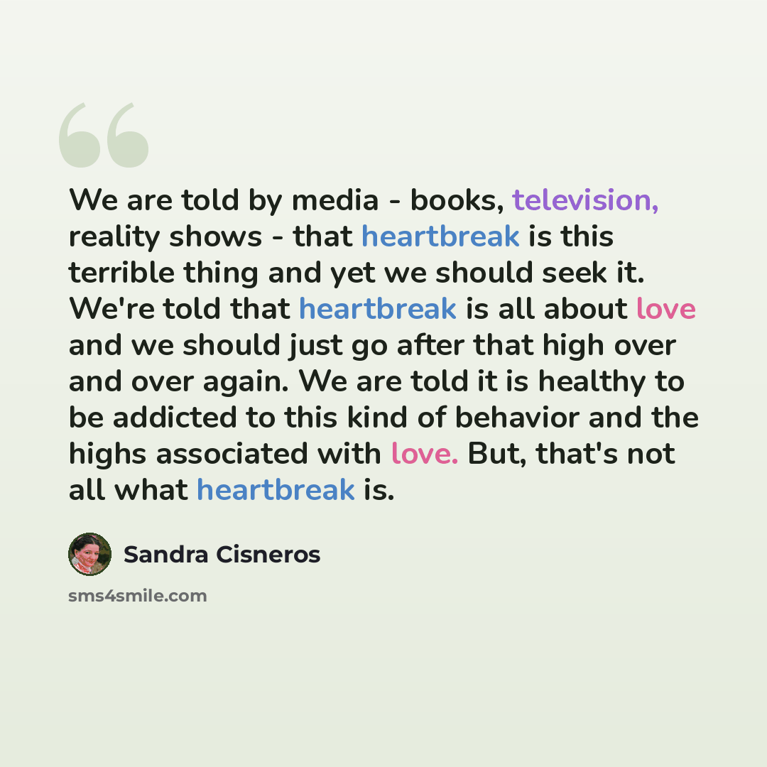 “We are told by media - books, television, reality shows - that heartbreak is this terrible thing and yet we should seek it. We're told that heartbreak is all about love and we should just go after that high over and over again. We are told it is healthy to be addicted to this kind of behavior and…” quote by Sandra Cisneros