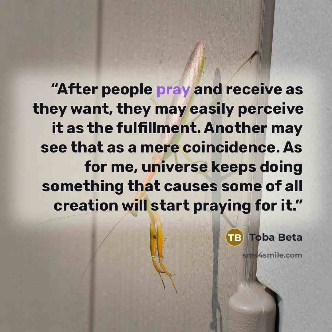 “After people pray and receive as they want, they may easily perceive it as the fulfillment. Another may see that as a mere coincidence. As for me, universe keeps doing something that causes some of all creation will start praying for it.” quote by Toba Beta