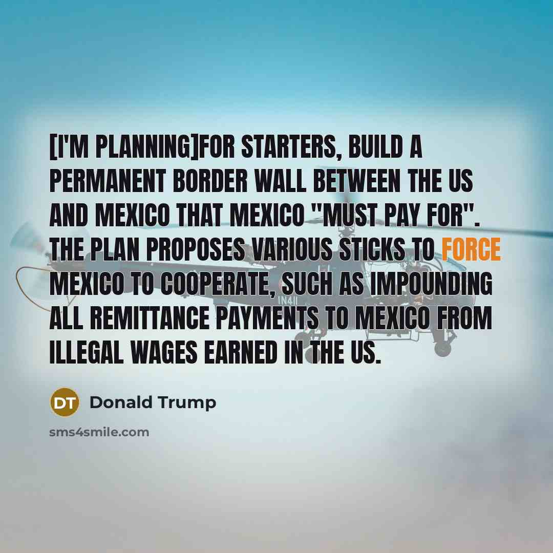 “[I'm planning]for starters, build a permanent border wall between the US and Mexico that Mexico "must pay for". The plan proposes various sticks to force Mexico to cooperate, such as impounding all remittance payments to Mexico from illegal wages earned in the US.” quote by Donald Trump