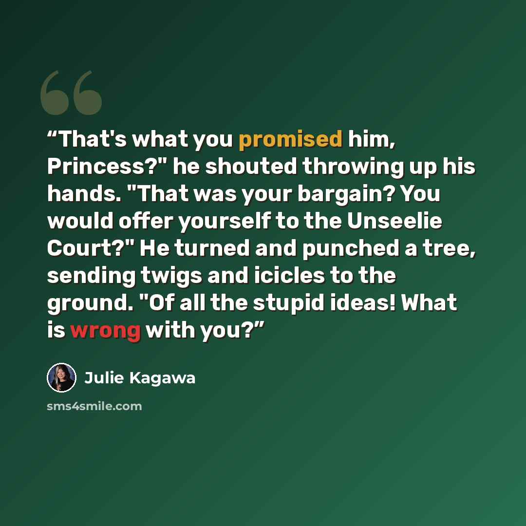 “That's what you promised him, Princess?" he shouted throwing up his hands. "That was your bargain? You would offer yourself to the Unseelie Court?" He turned and punched a tree, sending twigs and icicles to the ground. "Of all the stupid ideas! What is wrong with you?” quote by Julie Kagawa