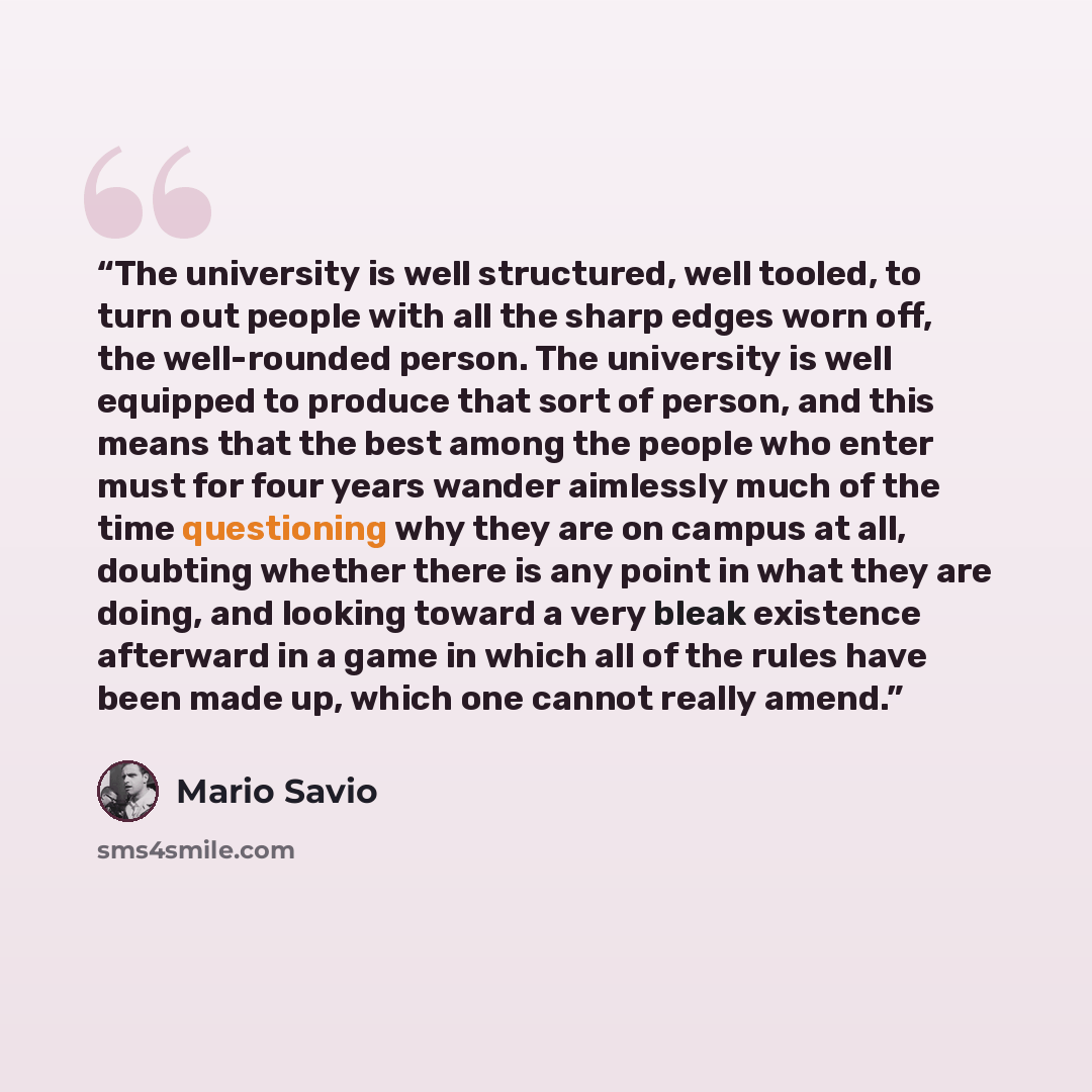 “The university is well structured, well tooled, to turn out people with all the sharp edges worn off, the well-rounded person. The university is well equipped to produce that sort of person, and this means that the best among the people who enter must for four years wander aimlessly much of the…” quote by Mario Savio