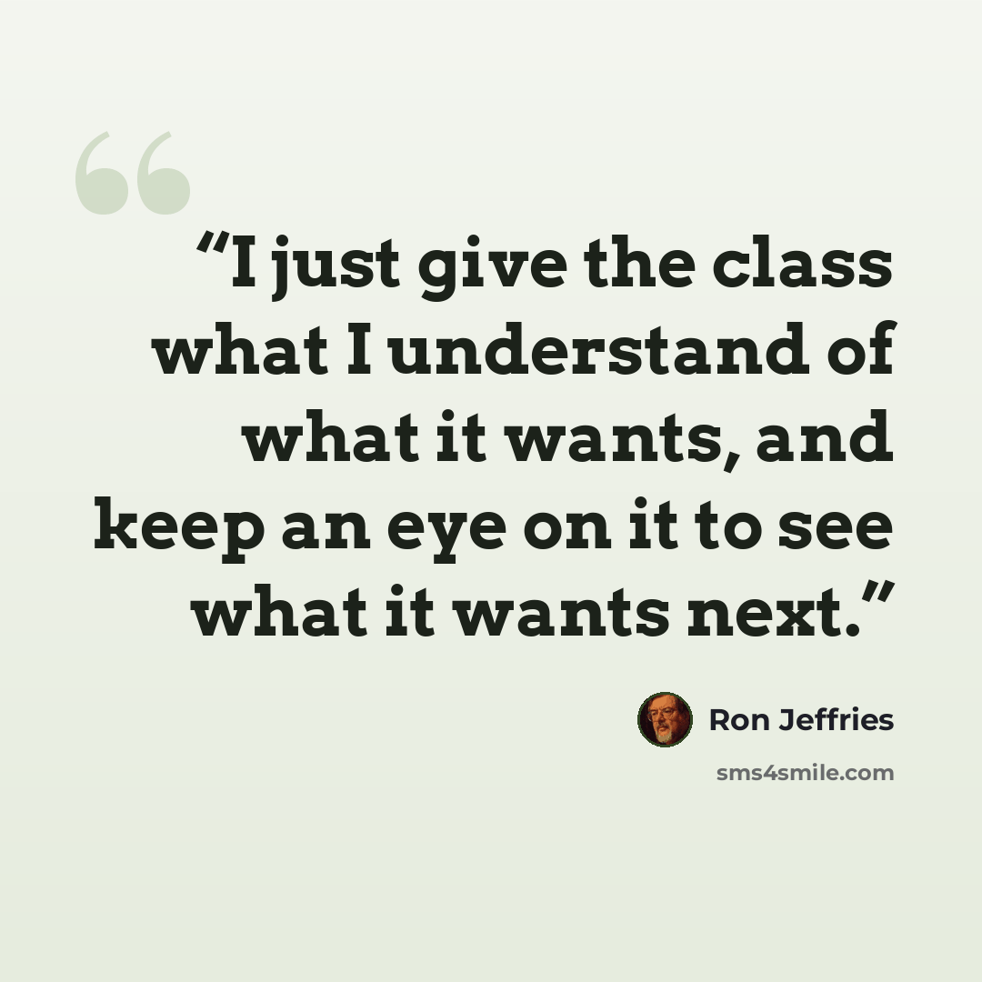 “I just give the class what I understand of what it wants, and keep an eye on it to see what it wants next.” quote by Ron Jeffries