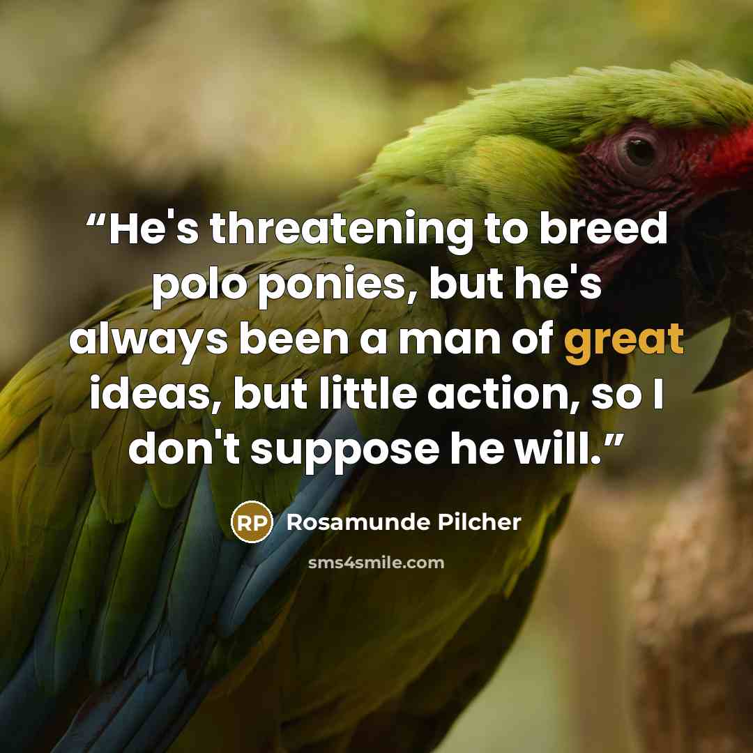 “He's threatening to breed polo ponies, but he's always been a man of great ideas, but little action, so I don't suppose he will.” quote by Rosamunde Pilcher